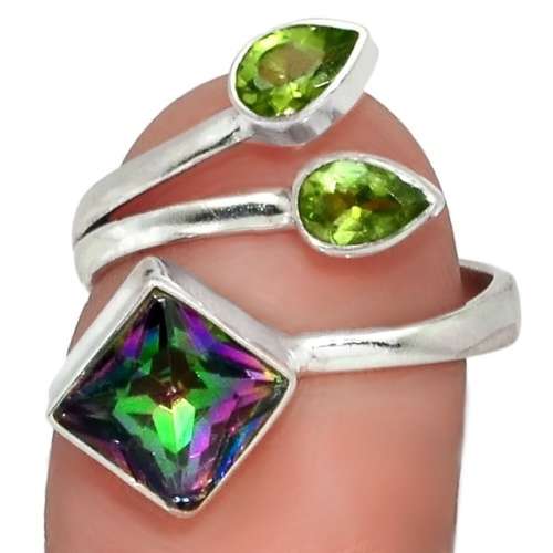 Rainbow Mystic Topaz, Peridot in Solid .925 Sterling Silver Ring Size Us 7