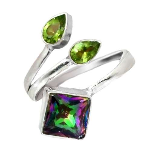 Rainbow Mystic Topaz, Peridot in Solid .925 Sterling Silver Ring Size Us 7