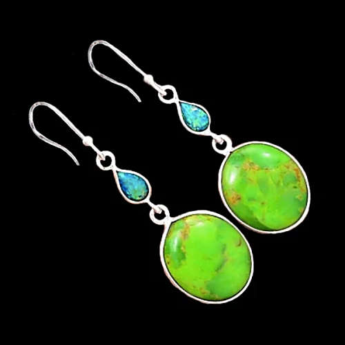 2.4 Grams Mohave Green Turquoise, Fire Opal Gemstones Solid .925 Silver Earrings