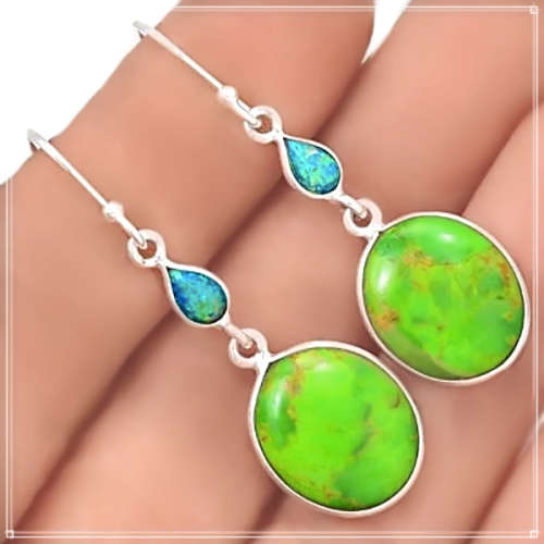 2.4 Grams Mohave Green Turquoise, Fire Opal Gemstones Solid .925 Silver Earrings