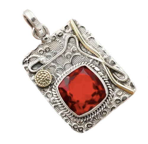 Two Tone Fire Garnet Solid .925 Sterling Silver Pendant