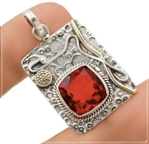 Two Tone Fire Garnet Solid .925 Sterling Silver Pendant