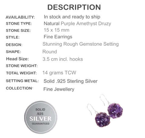 NATURAL PURPLE AMETHYST DRUZY GEMSTONE 925 SILVER EARRINGS