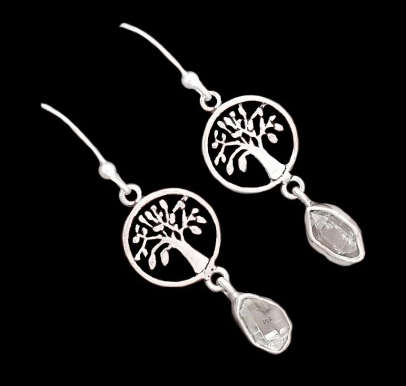 GORGEOUS TREE OF LIFE NATURAL HERKIMER DIAMOND SOLID STERLING SILVER DANGLING EARRINGS