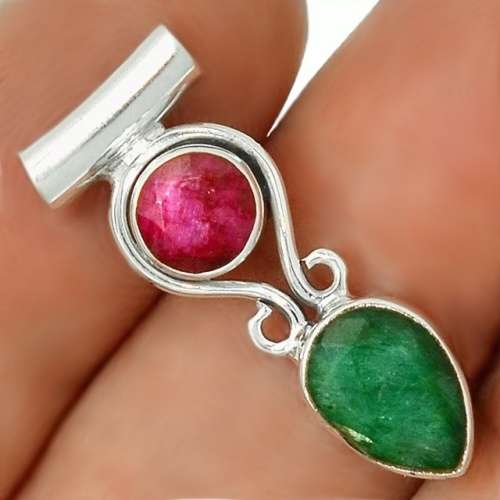 Natural Indian Ruby, Emerald Set in Solid  .925 Sterling Silver Pendant