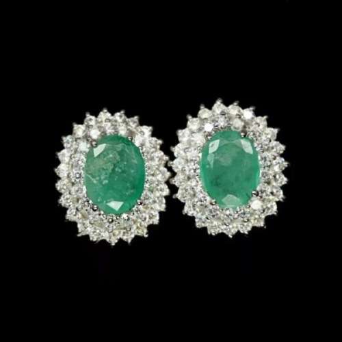 BREATHTAKING AAA NATURAL ZAMBIAN EMERALD, WHITE CZ SOLID .925 STERLING SILVER EARRINGS