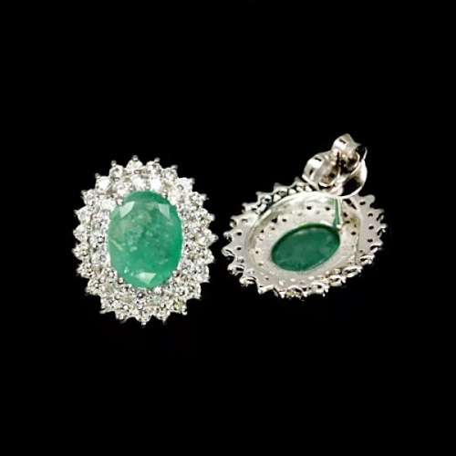 BREATHTAKING AAA NATURAL ZAMBIAN EMERALD, WHITE CZ SOLID .925 STERLING SILVER EARRINGS