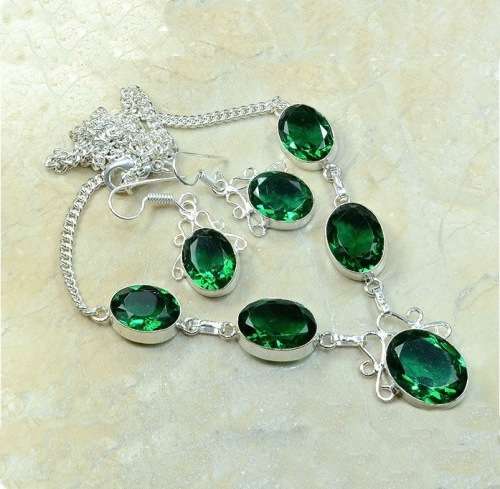 EXQUISITE EMERALD QUARTZ GEMSTONE 925 SILVER NECKLACE & EARRINGS