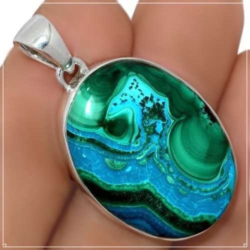 NATURAL MALACHITE IN CHRYSOCOLLA GEMSTONE  SOLID. 925 SILVER PENDANT