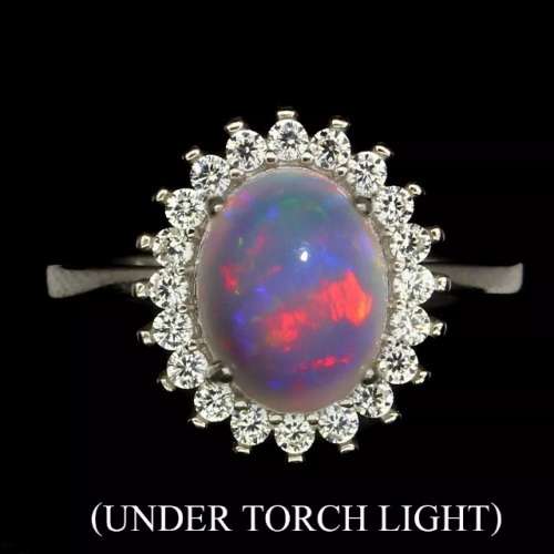 Natural Full Flash Ethiopian Fire Opal White CZ set in Solid .925 Sterling Ring Size 8 or Q