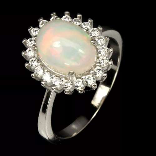 Natural Full Flash Ethiopian Fire Opal White CZ set in Solid .925 Sterling Ring Size 8 or Q