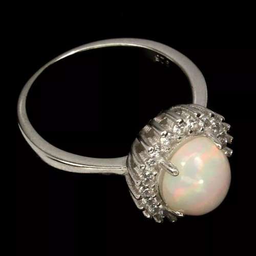 Natural Full Flash Ethiopian Fire Opal White CZ set in Solid .925 Sterling Ring Size 8 or Q