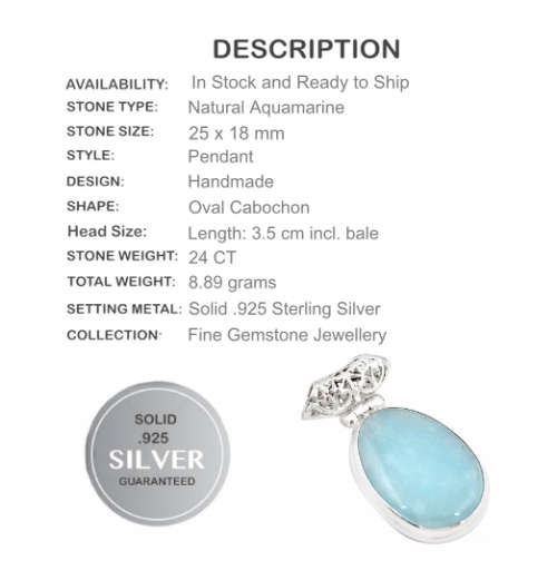 Natural Aquamarine Oval Gemstone set in Solid .925 Sterling Silver Antique Style Pendant