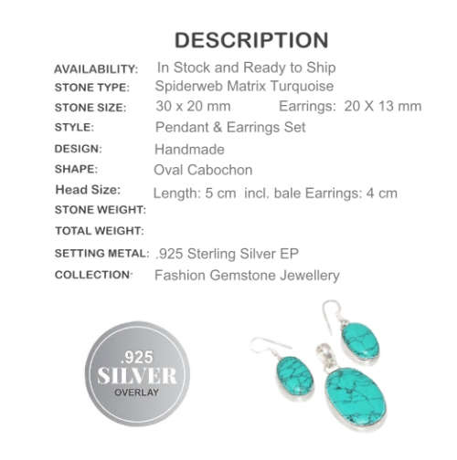 Natural Spiderweb Turquoise,  Gemstone 925 Silver Pendant and Earrings