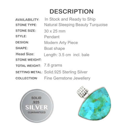 AAA NATURAL SLEEPING BEAUTY TURQUOISE SOLID .925 STERLING SILVER PENDANT