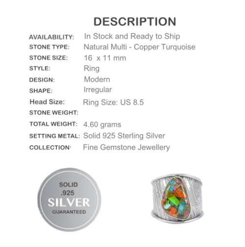 Natural  Multi - Copper Turquoise Solid .925 Sterling Silver Ring Size 8.5