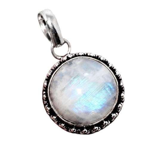 RAINBOW MOONSTONE ROUND CABOCHON  .925 SILVER PENDANT