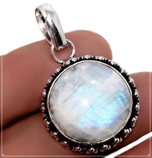 RAINBOW MOONSTONE ROUND CABOCHON  .925 SILVER PENDANT