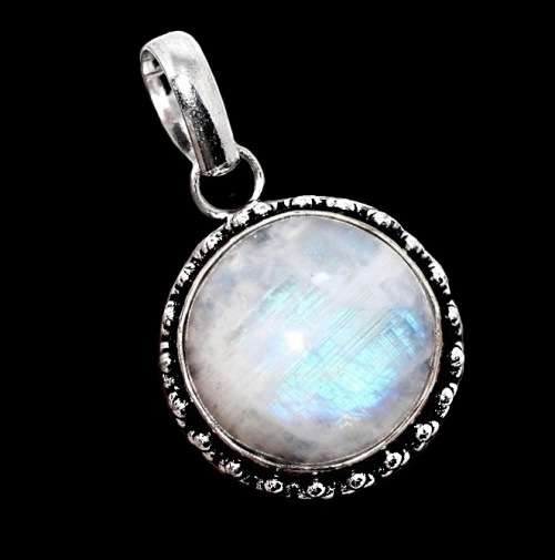 RAINBOW MOONSTONE ROUND CABOCHON  .925 SILVER PENDANT