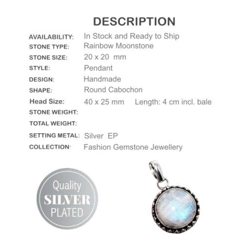 RAINBOW MOONSTONE ROUND CABOCHON  .925 SILVER PENDANT