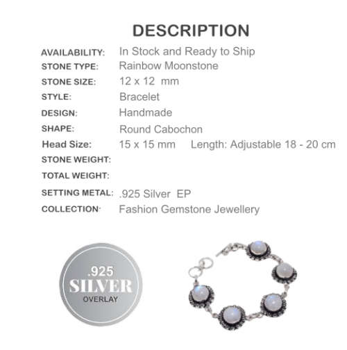 NATURAL RAINBOW MOONSTONE GEMSTONE .925  SILVER BRACELET