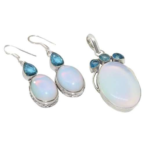 Gorgeous Opalite, Blue Topaz Gemstone .925 Silver Pendant and Earrings Set