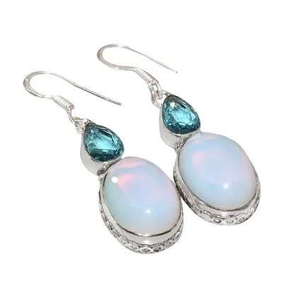 Gorgeous Opalite, Blue Topaz Gemstone .925 Silver Pendant and Earrings Set