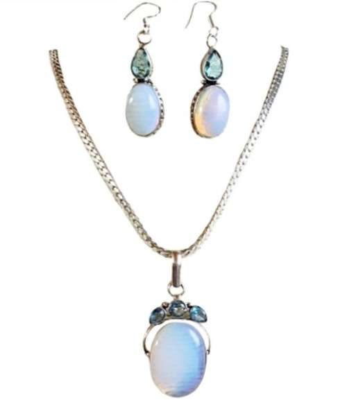 Gorgeous Opalite, Blue Topaz Gemstone .925 Silver Pendant and Earrings Set
