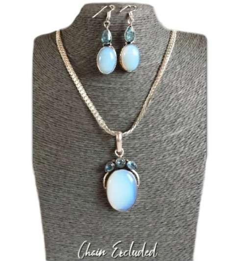 Gorgeous Opalite, Blue Topaz Gemstone .925 Silver Pendant and Earrings Set