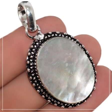 Natural Creamy Oval Mother of Pearl set in 925 Sterling Silver Plated Handmade Pendant