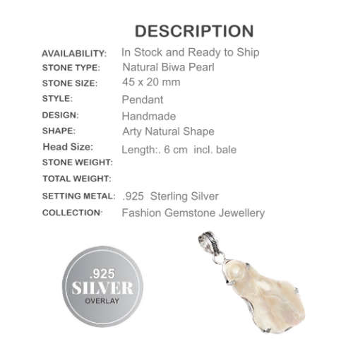 NATURAL BIWA PEARL GEMSTONE . 925 SILVER PENDANT