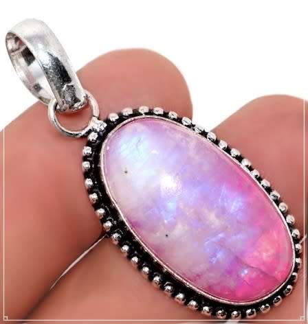 PINK RAINBOW MOONSTONE GEMSTONE .925 SILVER PENDANT