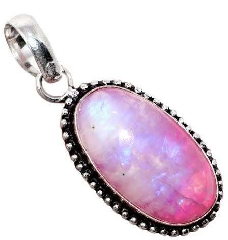 PINK RAINBOW MOONSTONE GEMSTONE .925 SILVER PENDANT