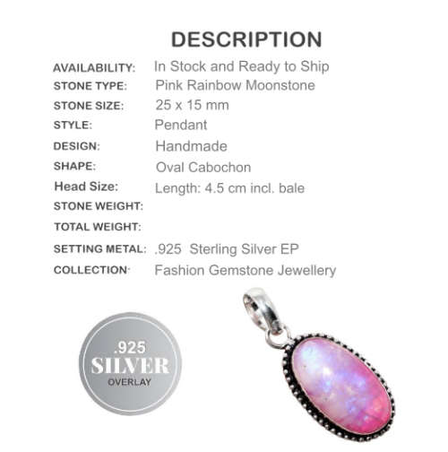 PINK RAINBOW MOONSTONE GEMSTONE .925 SILVER PENDANT