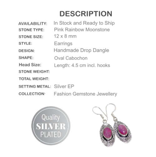 PINK RAINBOW MOONSTONE GEMSTONE SILVER PLATED EARRINGS