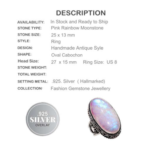 PINK RAINBOW MOONSTONE GEMSTONE .925 STERLING SILVER RING SIZE US 8