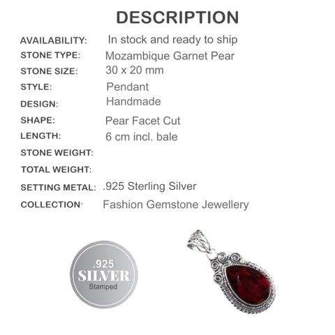 MOZAMBIQUE GARNET SOLID .925  STERLING SILVER  PENDANT