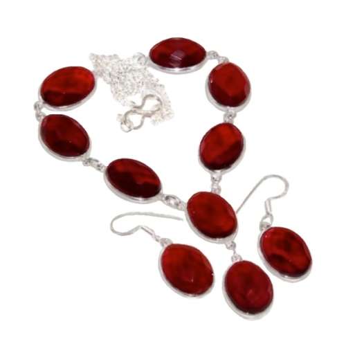 Garnet Gemstone .925 Sterling Silver Necklace and Earrings Set