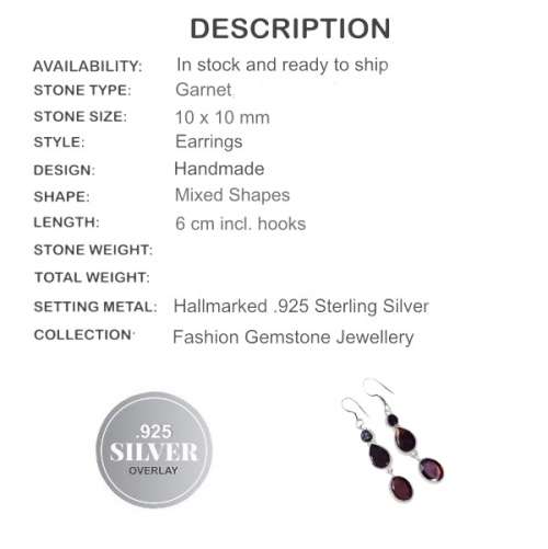 DEEP RED GARNET OVAL & PEAR GEMSTONE .925  STERLING SILVER  EARRINGS