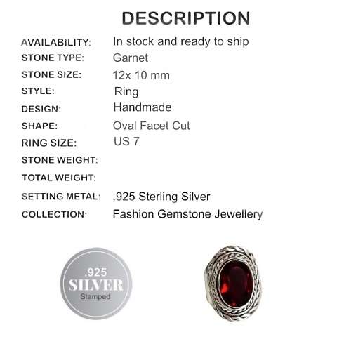 Garnet Oval Gemstone .925 Sterling Silver Ring Size US 7
