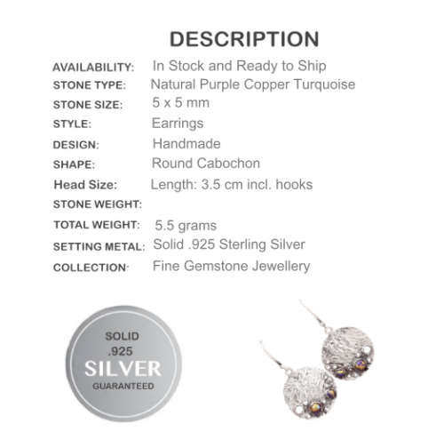 Israeli Natural Copper Purple Turquoise, Solid .925 Sterling Silver Earrings
