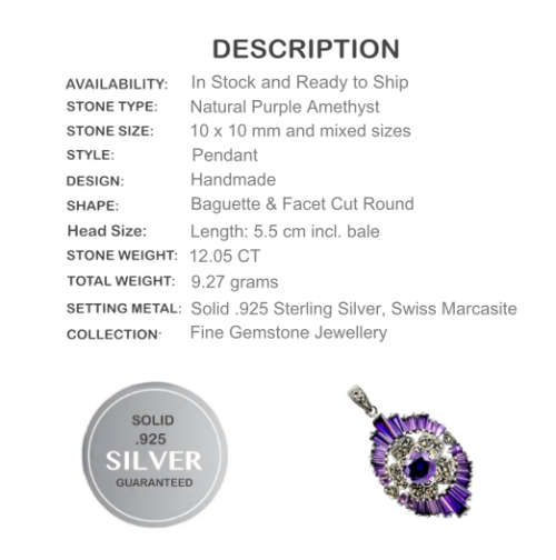 Outstanding Sparkle 12.05 cts Purple Amethyst Gemstone Marcasite .925 Silver Pendant