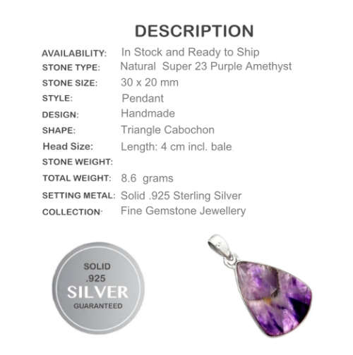 Natural Super 23 Amethyst in Auralite Gemstone Solid .925 Sterling Silver Pendant