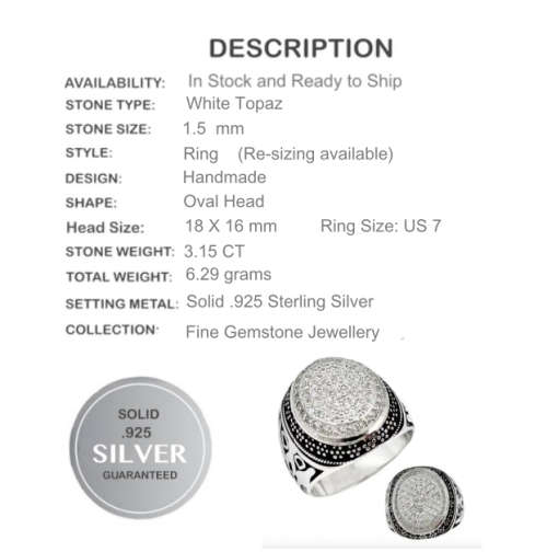 RARE FIND MENS AAA NATURAL WHITE TOPAZ GEMSTONE SOLID.925 STERLING SILVER RING SIZE 7
