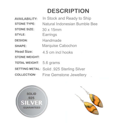 Natural Marquise Shape Indonesian Bumble Bee Jasper Solid .925 Sterling Silver Earrings