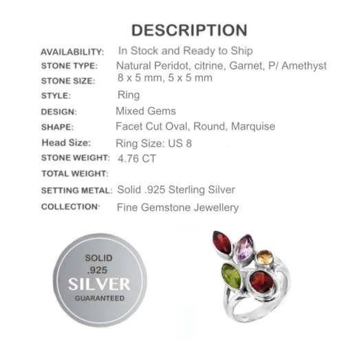 4.76 CTS FACETED MULTI GEMSTONE RING IN SOLID 925 STERLING SILVER. SIZE 8
