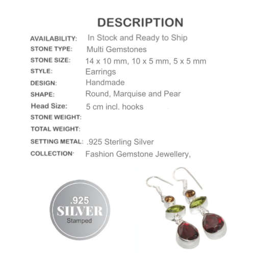 Exotic Garnet, Peridot, Citrine Gemstone .925 Silver Fashion Earrings