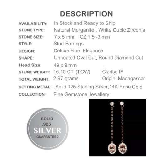 DELUXE ROSE GOLD  NATURAL MORGANITE WHITE CUBIC ZIRCONIA  .SOLID 925 STERLING SILVER  EARRINGS