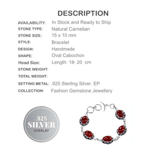 NATURAL CARNELIAN GEMSTONE  925 S /SILVER BRACELET