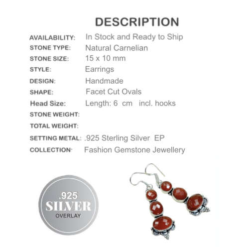 ONE OF A KIND CARNELIAN GEMSTONE .925 SILVER EARRINGS.